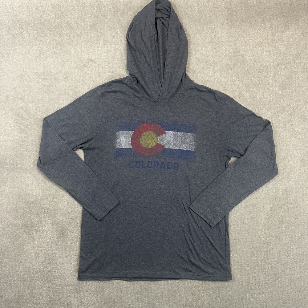 Anvil Large Colorado Flag Graphic Hoodie Lightweight Long Sleeve Tee Gray Y2K